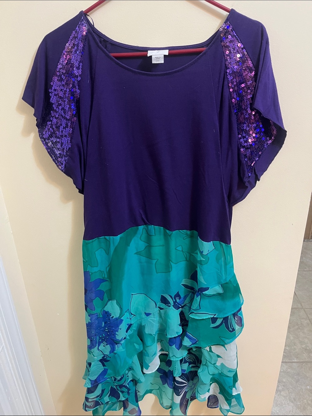 Purple Sequin Sleeve Teal Floral Ruffle Tunic Dress